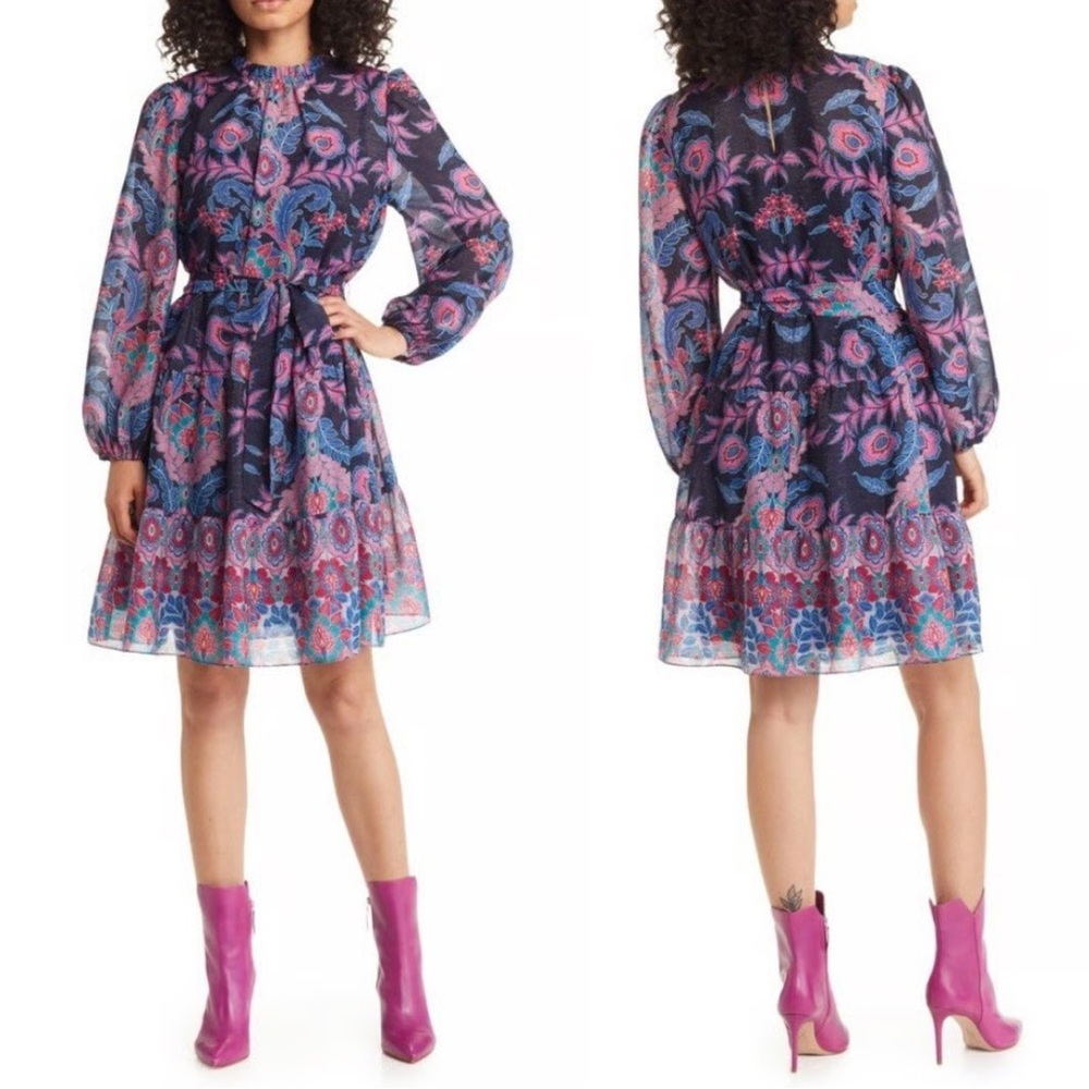 Julia Jordan Navy Metallic Paisley Floral Long Sleeve Mini Dress 14 NWT